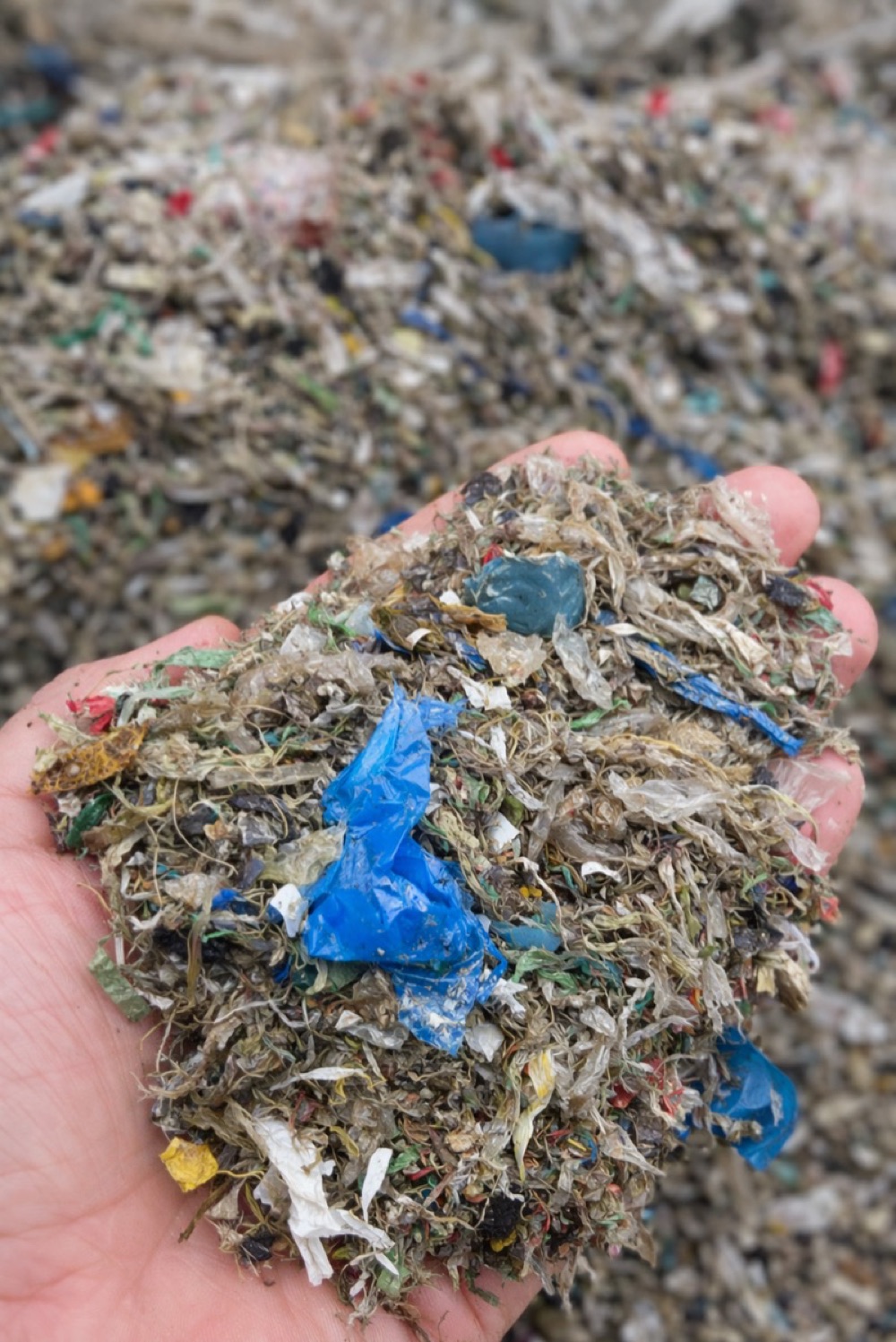 De-packaged plastic waste sample - hand holding shredded mixed plastic residue