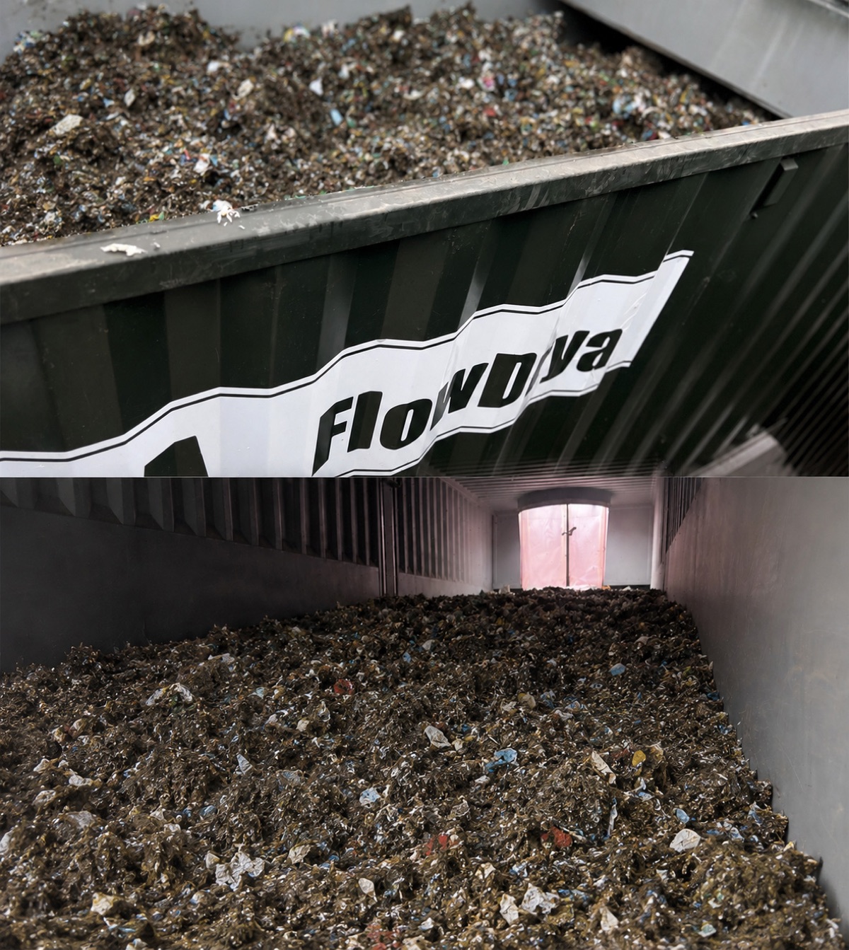Wet shredded municipal solid waste loaded into a FlowDrya waste dryer and interior view of the drying floor